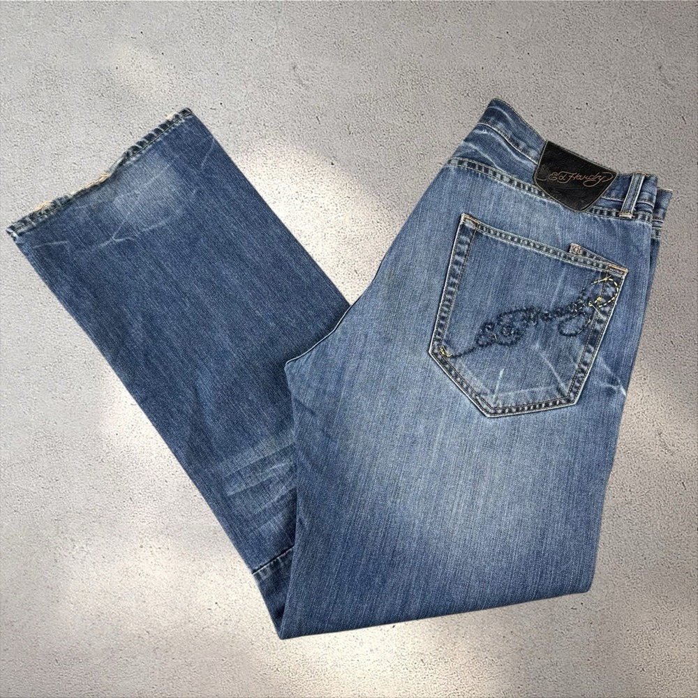 Vintage Ed Hardy Jeans 36x34 Distressed Blue Denim Whiskered Embroidered Logo